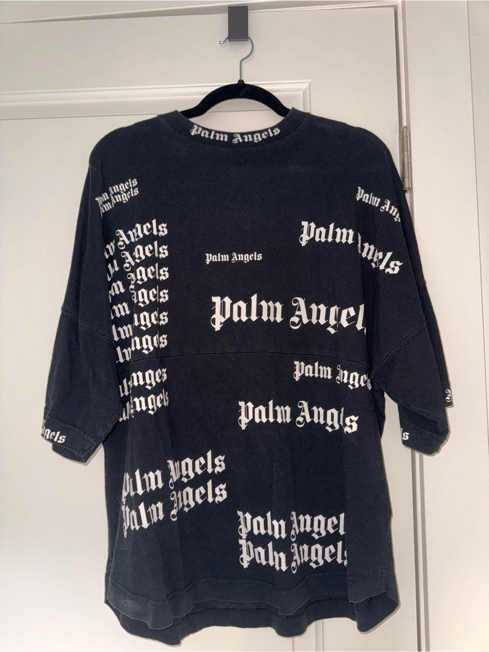Palm Angels Black Tee with White All-Over Logo Print
